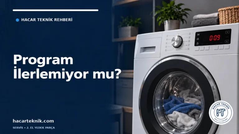 Çamaşır makinesi program ilerlemiyor kapağında 0:09 gösteren ekran ve tamburda çamaşırlar