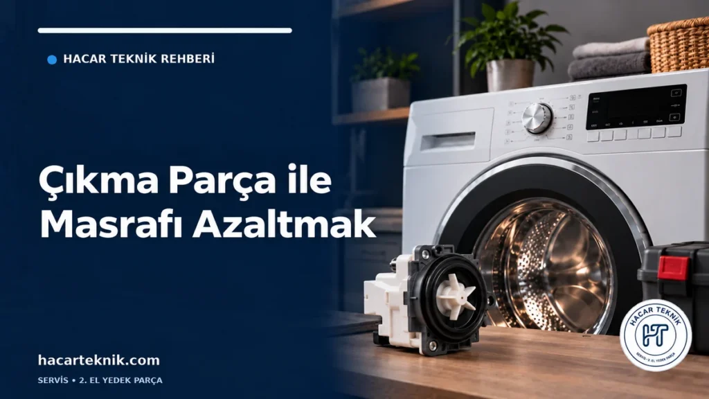 Çıkma parça ile tamir masrafını azaltma rehberinde çamaşır makinesi ve sökülmüş pompa temsili