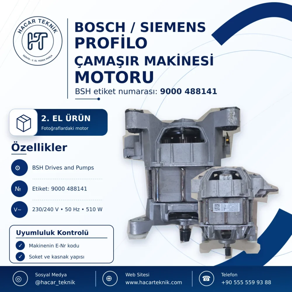 Bosch Siemens Profilo çamaşır makinesi motoru, 2. el, 9000 488141 etiketli ön ve arka görünüm