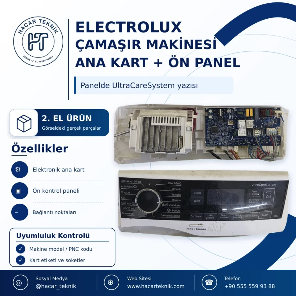İkinci el Electrolux çamaşır makinesi ana kartı ve üzerinde UltraCareSystem yazan siyah ön kontrol paneli; gerçek parça fotoğraflarından tasarım