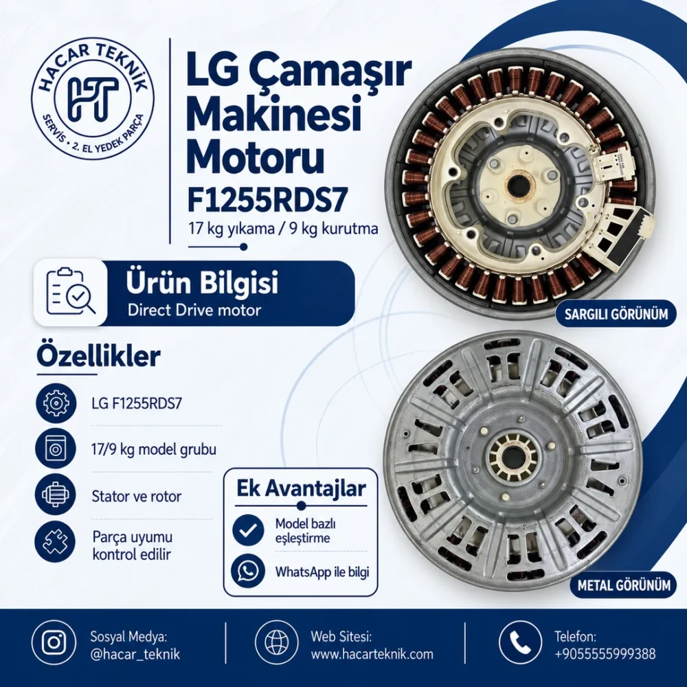 LG F1255RDS7 motoru, 17/9 kg kurutmalı çamaşır makinesi için stator ve rotorun sargılı ve metal görünümü