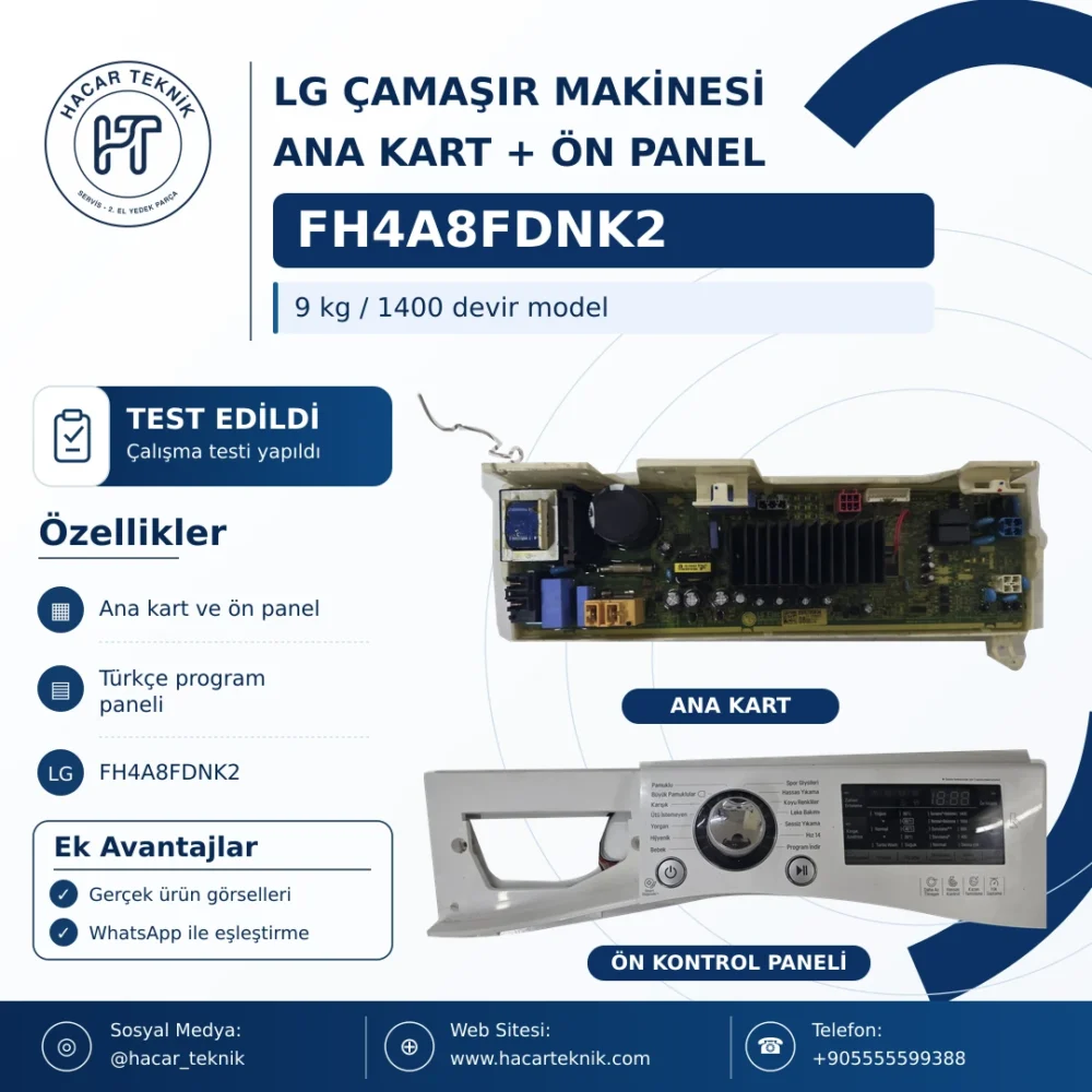 LG FH4A8FDNK2 ana kart ile Türkçe program yazıları bulunan beyaz ön kontrol panelinin gerçek fotoğrafları