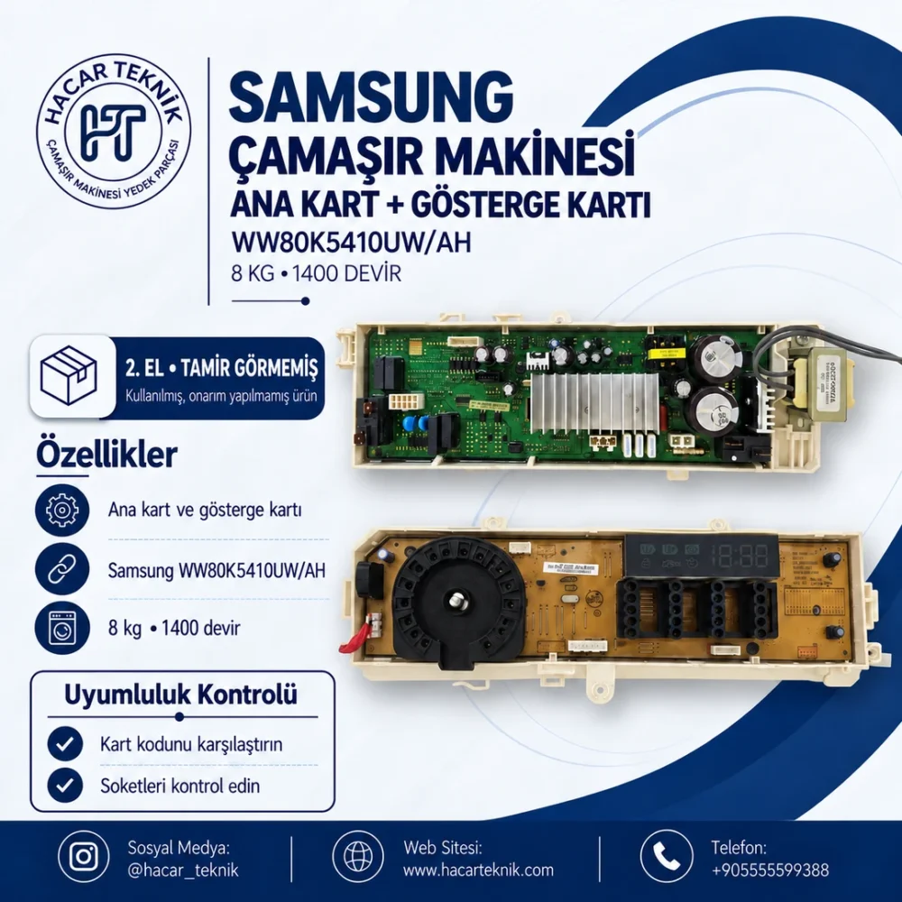 Samsung WW80K5410UW/AH ana kart ve gösterge kartının ön arka yüzleri, 2. el