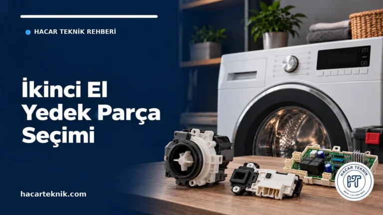 İkinci el çamaşır makinesi yedek parça seçimi için makine önünde pompa, kapak kilidi ve elektronik kart