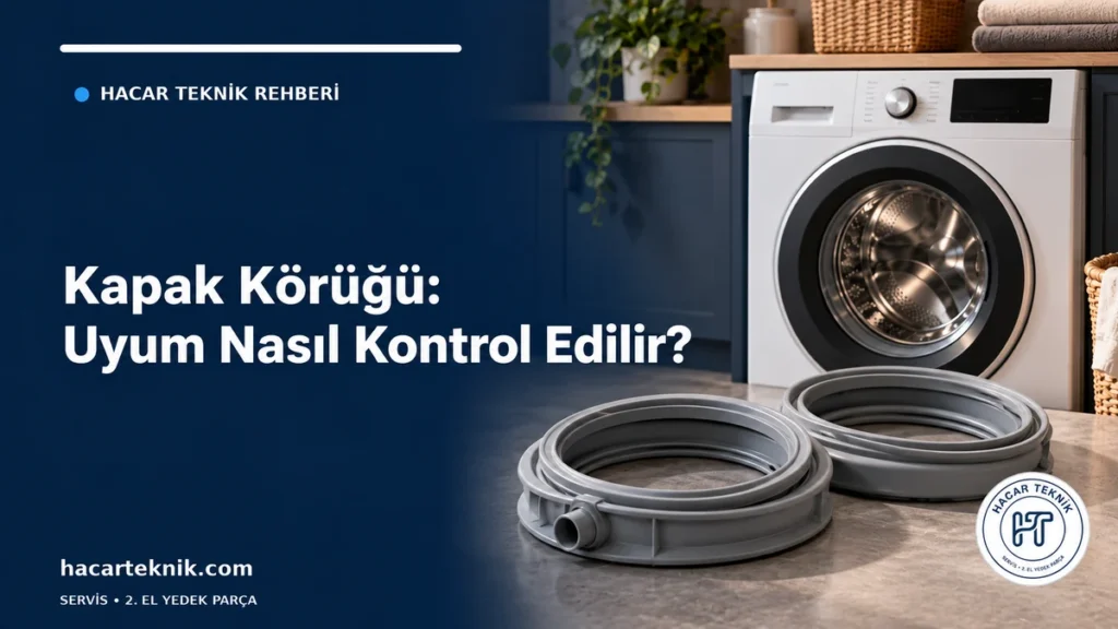 Birinde bağlantı çıkıntısı görünen iki temsili gri kapak körüğü ve çamaşır makinesi bulunan uyum rehberi kapağı