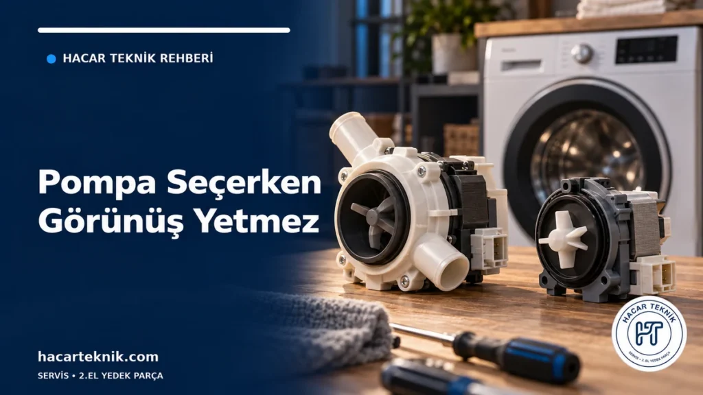 Tezgâhta farklı gövde ve bağlantı görünümüne sahip iki temsili çamaşır makinesi pompası bulunan rehber kapağı