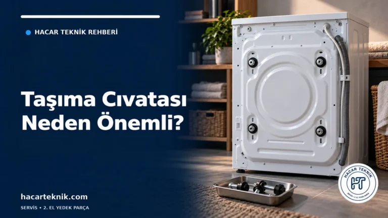 Çamaşır makinesinin kapalı arka paneli ve yanında taşıma emniyet parçaları bulunan ilk kullanım rehberi kapağı