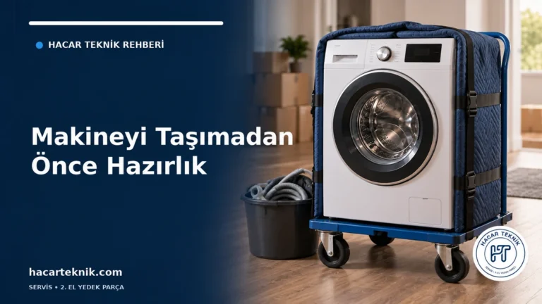 Dik konumda taşıma arabasına sabitlenmiş, koruyucu örtülü çamaşır makinesi ve toplanmış hortumlar bulunan kapak