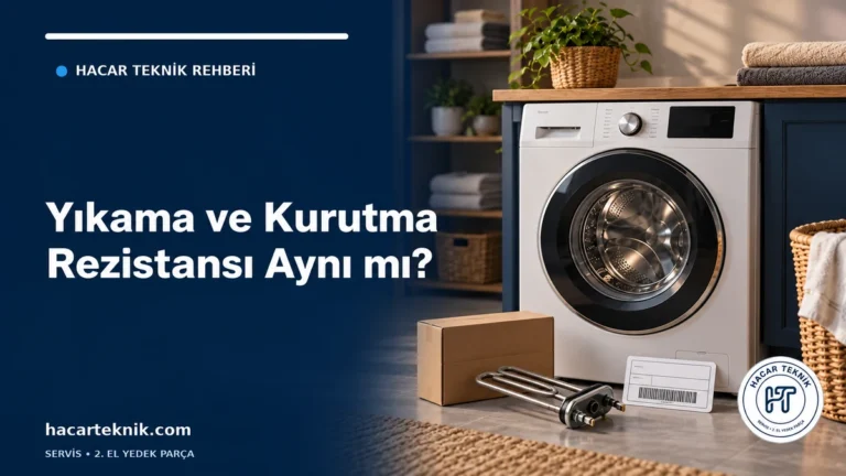 Çamaşır makinesi rezistansı uyumunu anlatan kapakta birleşik cihaz, temsili ısıtıcı parça, ambalaj ve kimlik etiketi
