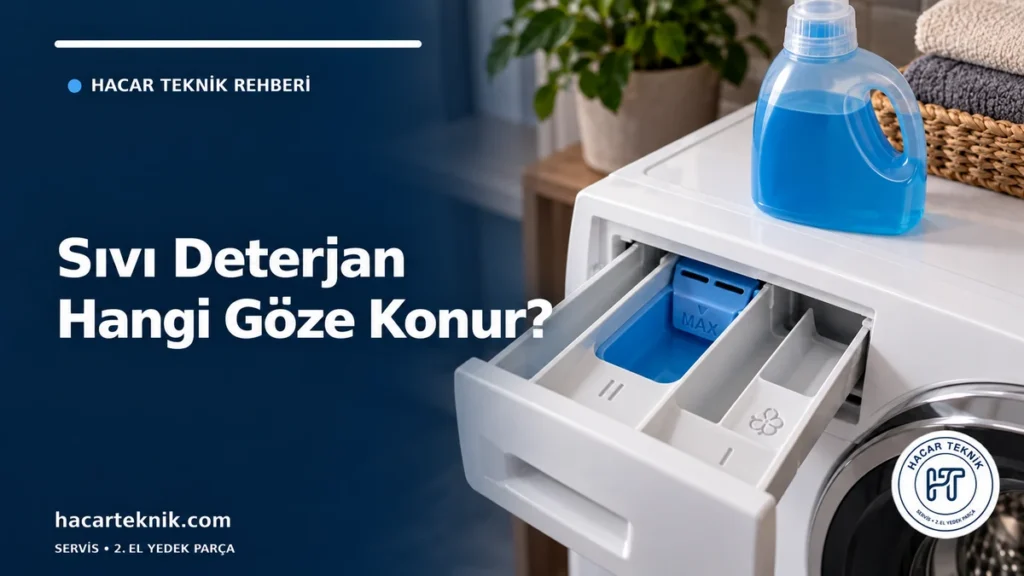 II işaretli ana yıkama bölmesi, sıvı deterjan aparatı ve deterjan şişesi görünen çamaşır makinesi kapağı