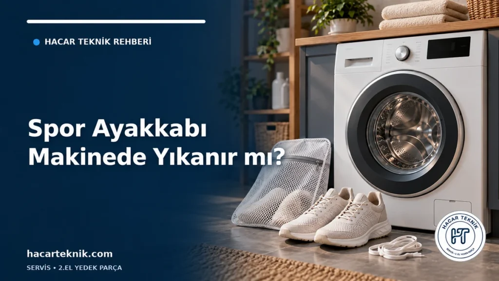 Çamaşır makinesi yanında spor ayakkabılar, yıkama filesi ve bağcıklar bulunan HACAR TEKNİK rehber kapağı